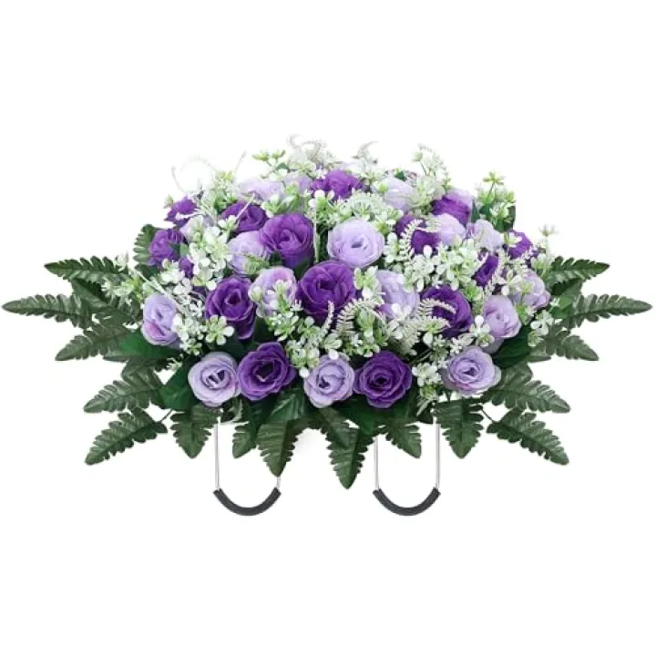 LOSFOTBO Headstone Flower Saddle,Large Artificial Cemetery Flowers for Grave,Cemetery Memorial Flowers for Outdoor Tombstone Decorations (Purple)