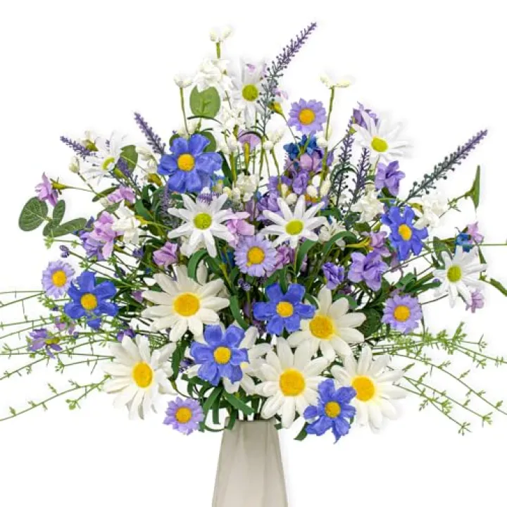 DIYFLORU 12 PCs Artificial Spring Flowers Blue Rustic Blue and White Artificial Flowers Wildflower Floral Stems with Daffodils Daisy Flower Picks for Vase Table Centerpieces Kitchen Spring Decor