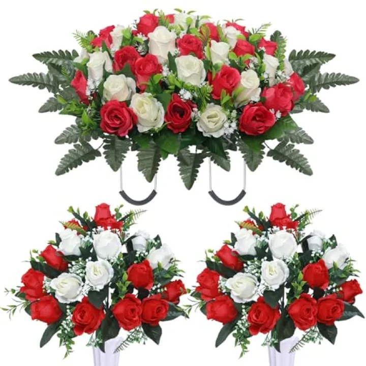 Hibsotco Artificial Cemetery Flower Saddles, Cemetery Memorial Flowers with Vase,Outdoor Grave Saddle Headstone Decorations, Artificial Rose Bouquet Grave Memorial Flowers (Red White)