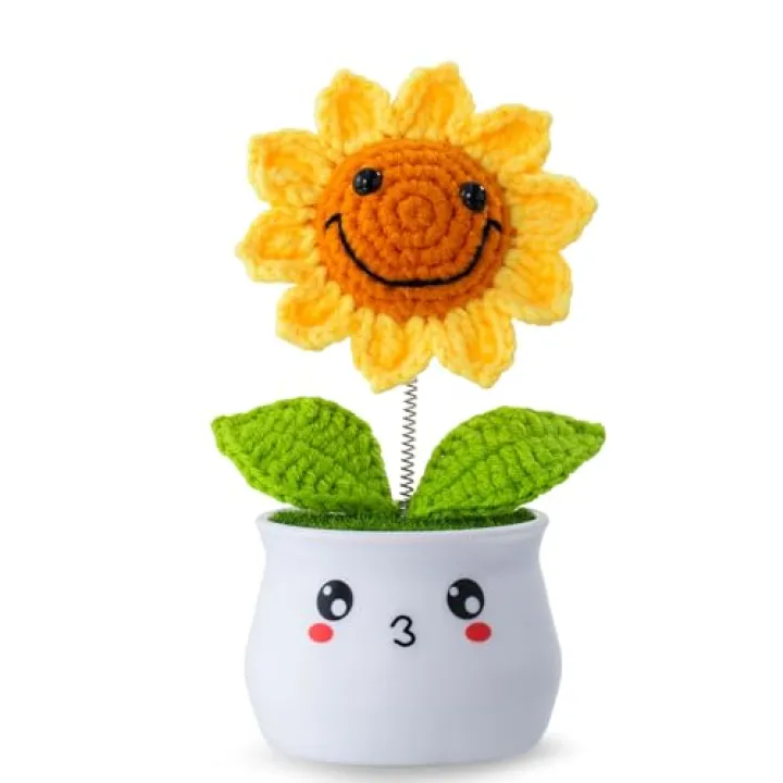 Levvohd Handmade Crochet Sunflower Gifts Office Desk Decor for Women, Cute Artificial Knitted Sun Flowers Plants, for Mothers Women Birthday Gifts (Handmade White L Pot)