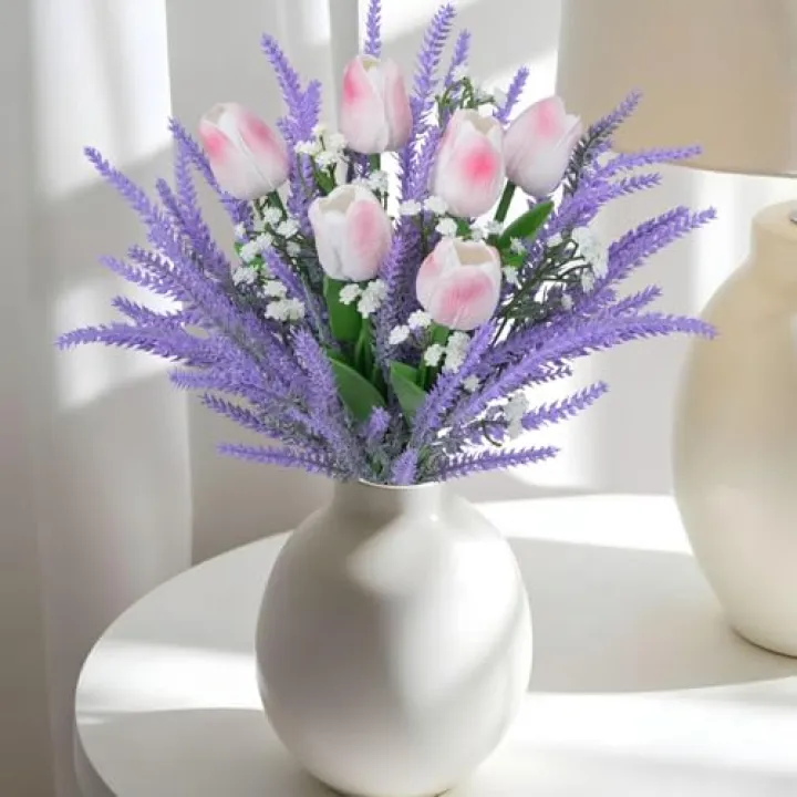 9pcs Tulips Artificial Flowers 13" Faux Floral Arrangements Mixed Purple Lavender Bouquet Realistic Fake Flowers for Vase Table Centerpiece Kitchen Gifts Home Room Office Wedding Decoration Light Pink