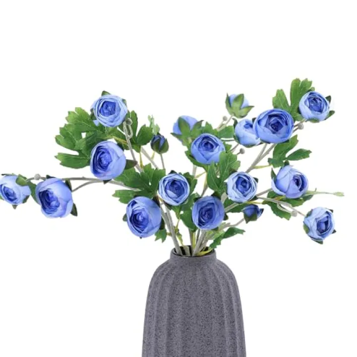 mizii 3Pcs Blue Ranunculus Artificial Flower 28" Fake Silk Flowers with Stem Faux Flowers Bouquet for Vase Table Centerpieces Arrangements Home Decor Wedding Decorations (Blue)