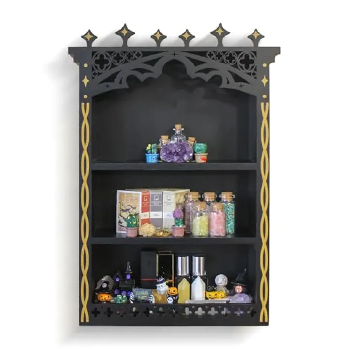 Large Gothic Crystal Shelf Display for Wall, Wooden Witchy Shelves for Home Decor, Trinket Knick Knack Shelf for Crystals Rocks Gems and Stones, Witch Crystals Storage Holder Organizer