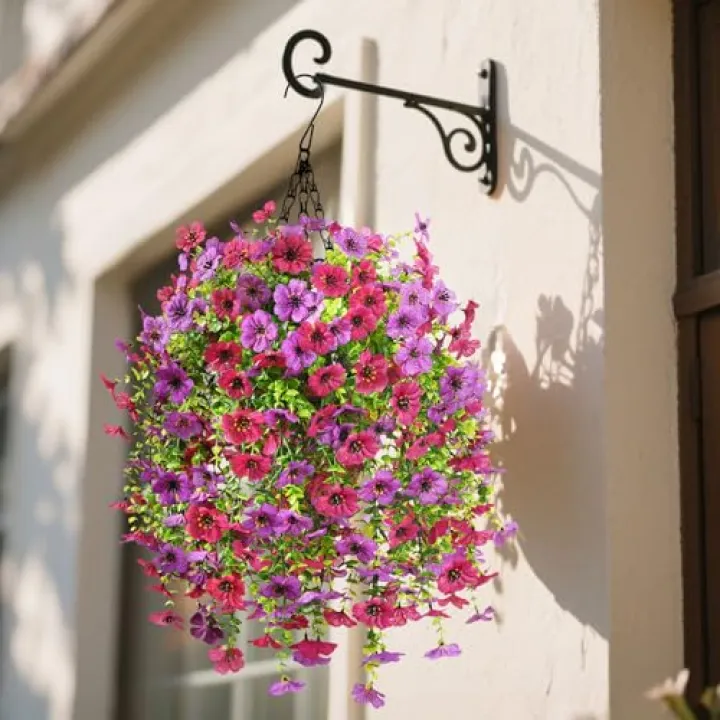 INQCMY Artificial Hanging Flowers with Basket for Spring Outdoor Decoration 3 Bunches of Silk Daisy Flower Uv Resistant for Garden Porch Patio Balcony Yard Decor (Purple Red)