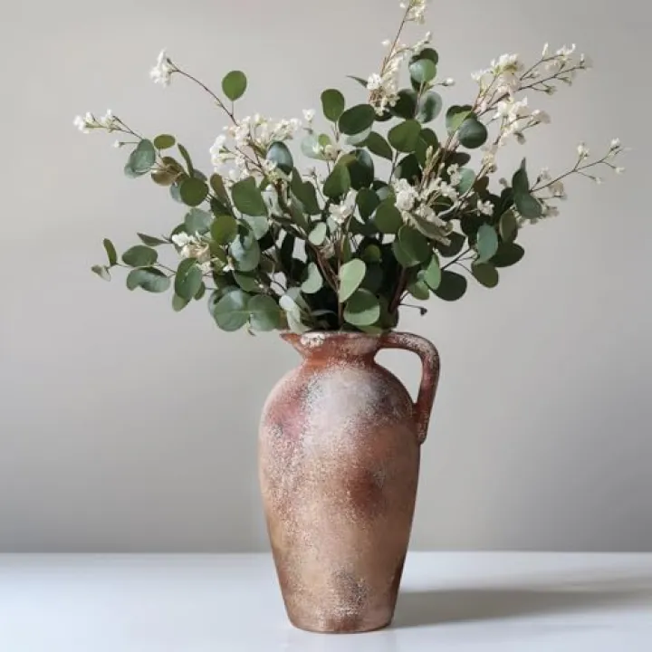 9.3in Rustic Ceramic Vase, Farmhouse Vase with Handle,Vintage Vase for Centerpieces, Boho Vase, Terracotta Flower Vase for Home Decor, Living Room, Shelf Decor, Entryway, Table Decor, Dining Decor