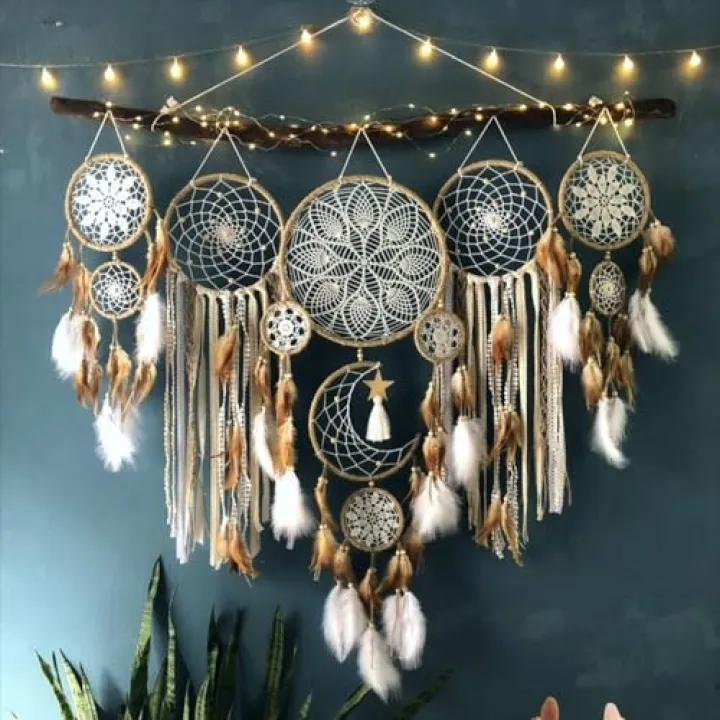 5 Pack Moon Phase Dreamcatcher Set Boho Wall Decor, Boho Macrame Wall Hanging Dream Catchers, for Home, Bedroom, Living Room, Witchy Gifts (Camel)