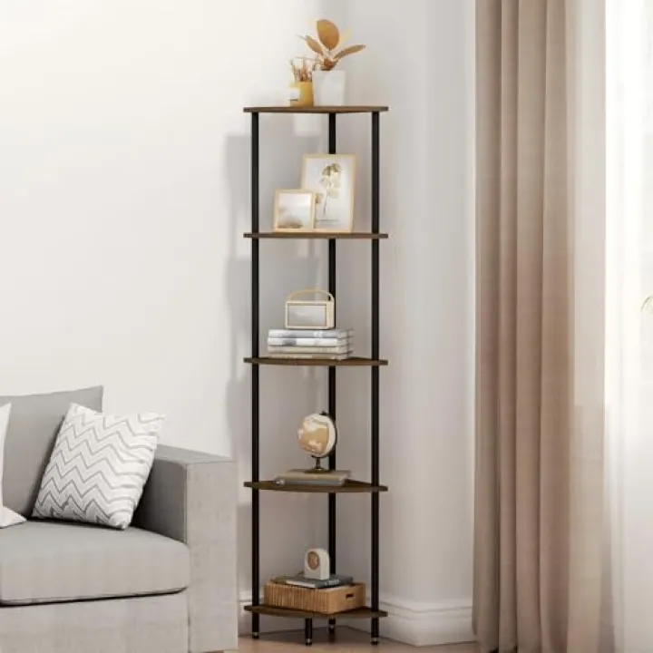 QLSPTFTS 5 Tier Corner Shelf, Bookcase for Small Spaces, Corner Display Shelf, Plant Stand, Rustic Brown and Black,Suitable for Bedroom,Living Room,Kitchen