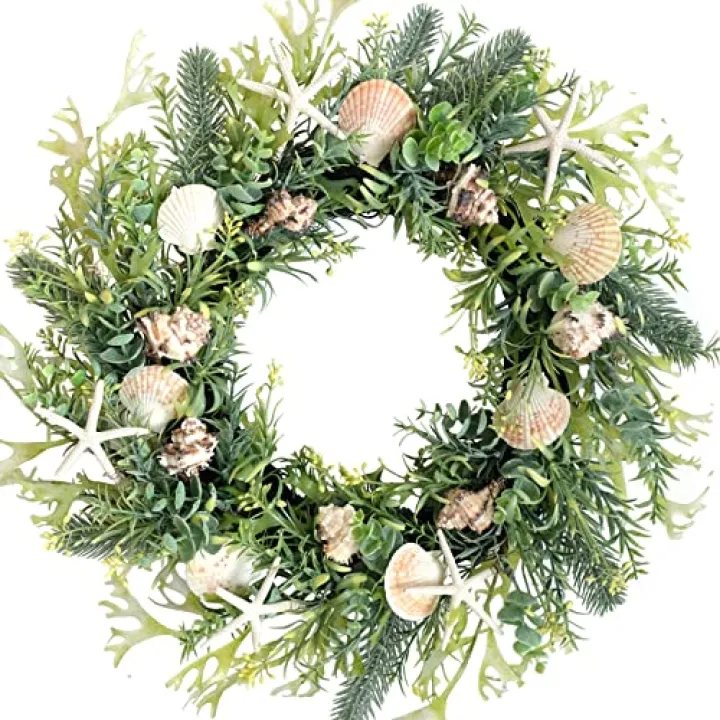 idyllic 22 Inch All Seasons Seashell Wreath with Green Leaves for Front Door and Wedding, Rustic Farmhouse Costal Starfish Conch Shells Wreath for Indoor and Outdoor, Spring Summer Home Decor