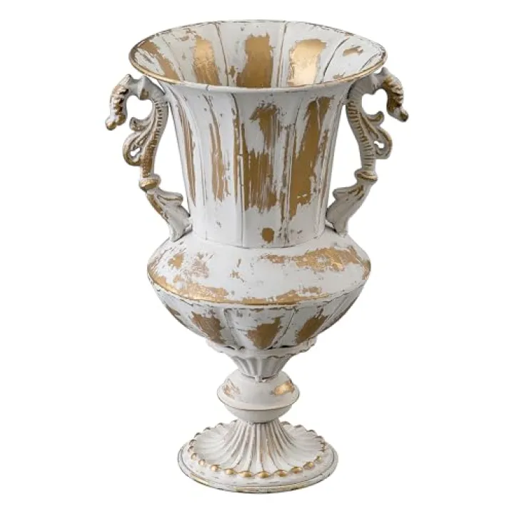 SOFE Distressed White and Gold Metal Vase, 10 Inch Tall Rustic Vintage Flower Vase, Small Urn Planter for Wedding Party Table Centerpieces, Flower Vases for Bouquet, Living Room Home Shelf Decor