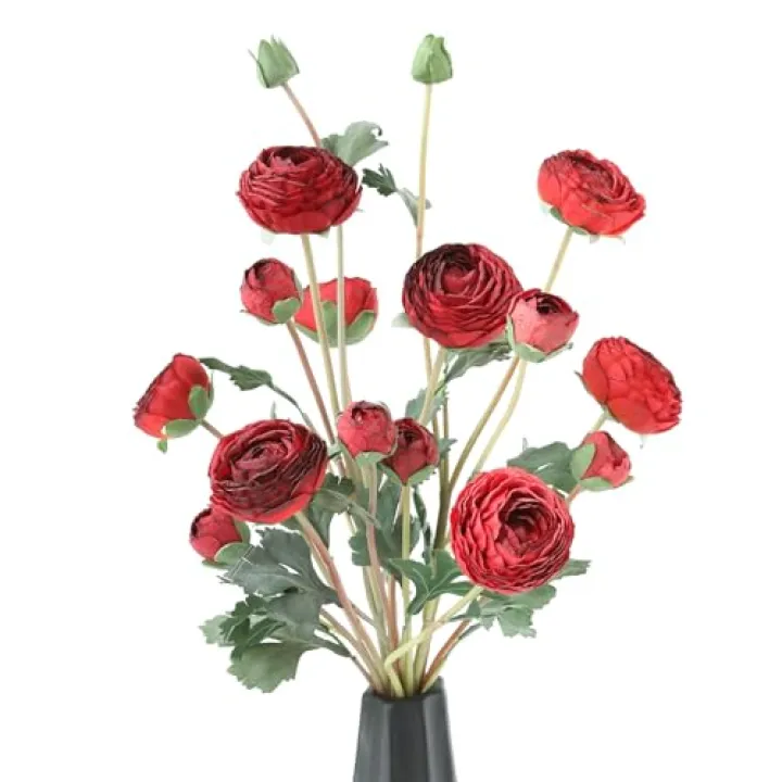 LILUYTO 6Pcs Realistic Silk Red Ranunculus Artificial Flowers Long Stems, 23.6" Tall Fake Flowers Faux Flowers Suit for Year-Round Home Decoration, Wedding, Bridal Bouquets, Office
