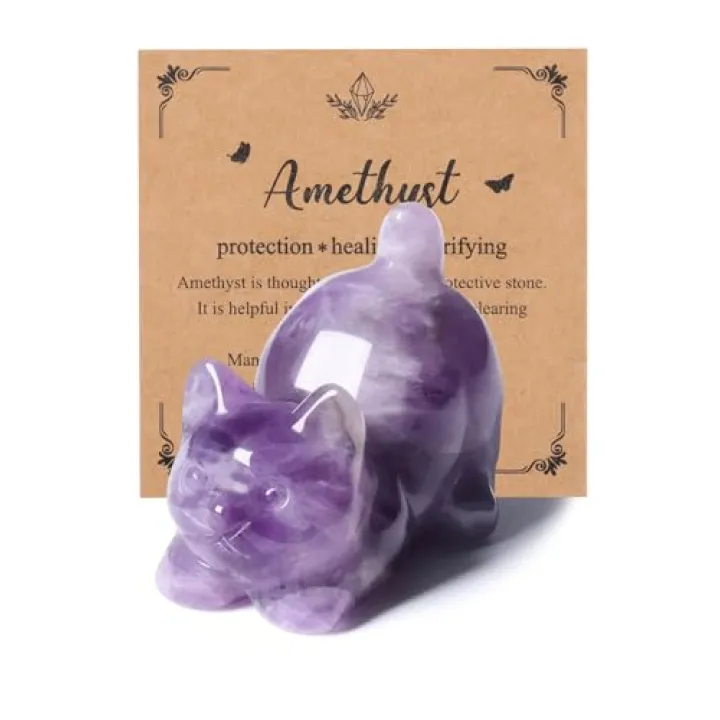 MANIFO Amethyst Crystal Cat Figurine for Cat Lovers Cute Gemstone Ornaments for Home Office Cats Statue Gifts