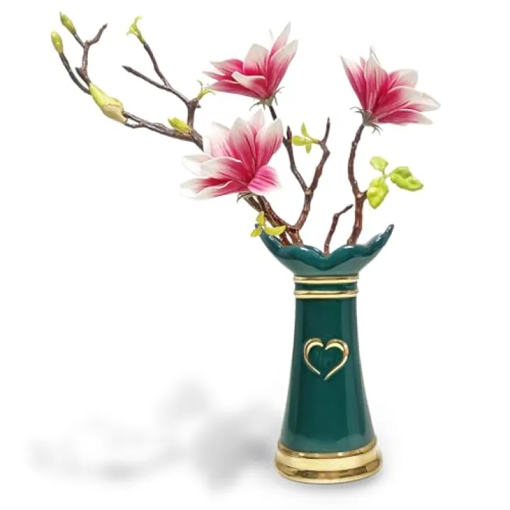 LoveLin Artificial Flowers Pink with Ceramic Vase - Ready-to-Display Home Decor Indoor for Living Room, Dining Table, Office, Wedding & Housewarming, Magnolia Flower & Green Vase