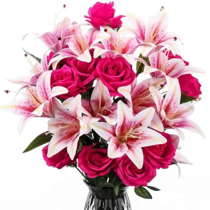 Hotop 20 Pcs Artificial Lily and Rose Flower Bouquet with Long Stem Realistic Red Rose and Pink Lilies Plastic Silk Fake Floral Arrangement Gift for Bridal Wedding Table Centerpiece (Pink & Red)