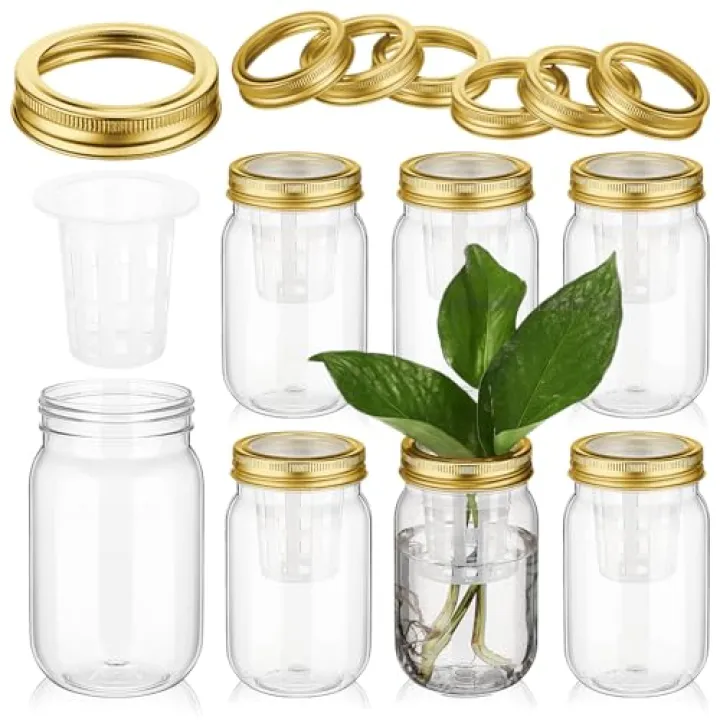 Hushee 6 Packs Propagation Vases for Plants Plastic Centerpieces Bulb Vases Clear Mason Jars with Hole Lid and Hydroponic Baskets Plant Growing in Water for Office Wedding Table Decoration(Gold)