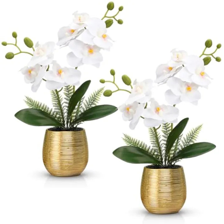 Juinte 2 Pcs Orchids Artificial Flowers in Gold Ceramic Vase 13'' White Fake Flowers Phalaenopsis Faux Orchid for Home Office Wedding Party Dining Room Table Centerpiece Decoration