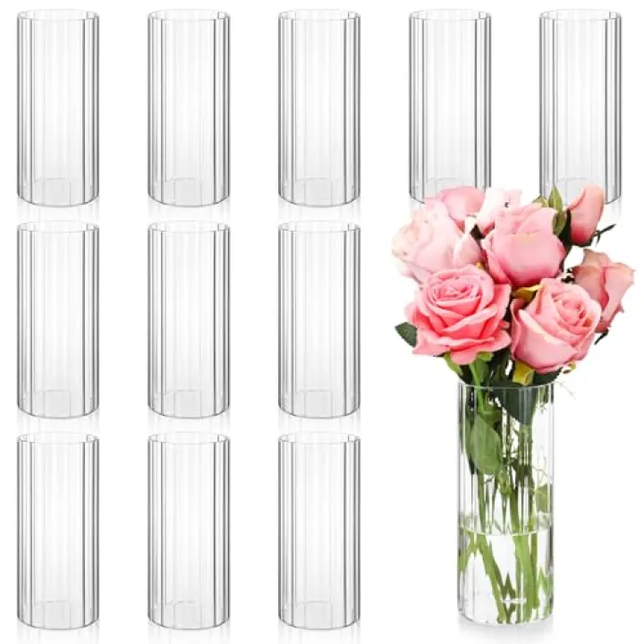 Ninehaoou 12 Pcs Glass Cylinder Vases for Centerpieces 8 Inch Clear Ribbed Tall Bud Vase for Centerpieces for Flower Wedding Decoration Floating Candle and Indoor Home Decor, Housewarming Gift