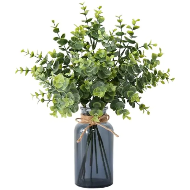 Leftover 8 PCS Faux Eucalyptus Stems in Black Glass Vase,Fake Plants Greenery Stems for Centerpiece Table Decorations,Fake Plants for Black Bathroom Decor(Sage Green)