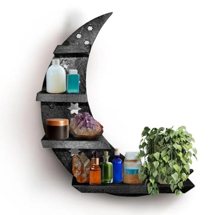 Moon Shaped Shelf Wall Decor - Hanging Black Crescent Wooden Shelf with Stars - Display Shelf for Crystals, Essential Oils, Small Decor, Tall Decor, Trinkets