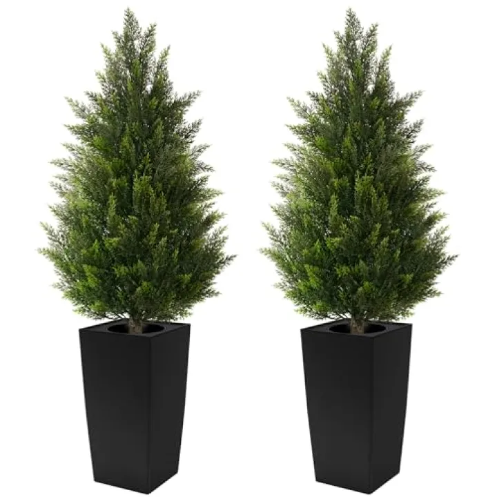 4FT Tall 2 Set Artificial Topiary Cedar Tree, Indoor Realistic Faux Cypress Plants with Square Flowerpot, Outdoor Evergreen Fake Shrubs for Home Living Room Front Porch Decor