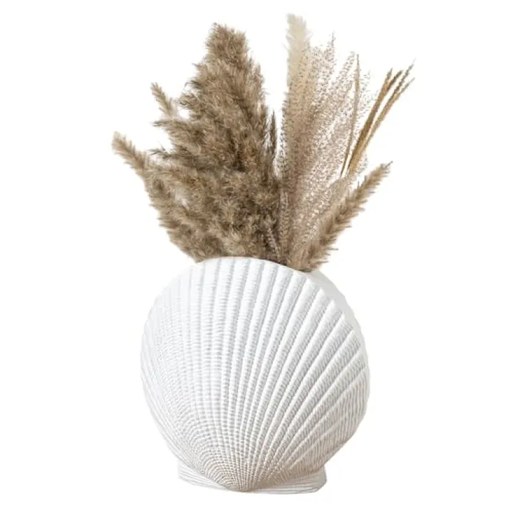 MyGift White Ceramic Flower Vases, 10 inch Pampas Grass Vase, Decorative Shell Shaped Vase for Living Room, Modern Aesthetic Home Decor