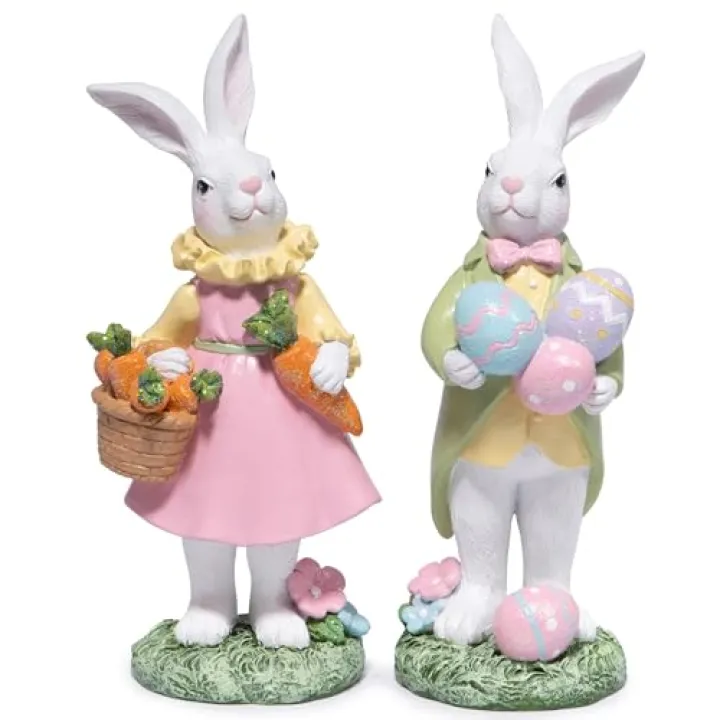 Hodao Easter Bunny Decoration Spring Rabbit Decor Gifts Handcrafted Resin Figurines Colorful and Charming Spring Decor for Home, and Holiday Celebrations (Set of 2) (White)