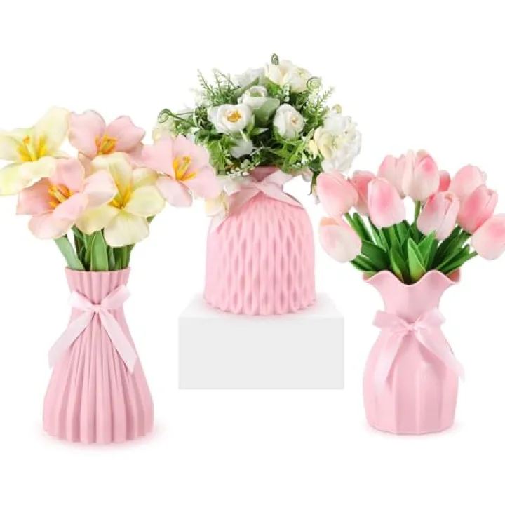 Geelin 3 Pack Coquette Pink Bow Vase Plastic Flower Vase Bow Room Decor Aesthetic, Shatterproof with Ribbon for Girls Home Wedding Office Desk Decoration, 3 Size