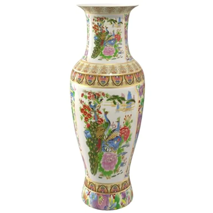 Red Lantern Large 36" Satsuma Birds & Flowers Porcelain Tung Chi Vase