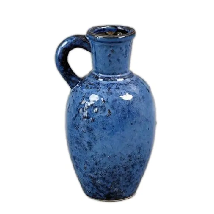 The Bridge Collection Rustic Blue Ceramic Jug Vase with Handle-Vintage Style Decorative Flower Vase for Table or Shelf Display