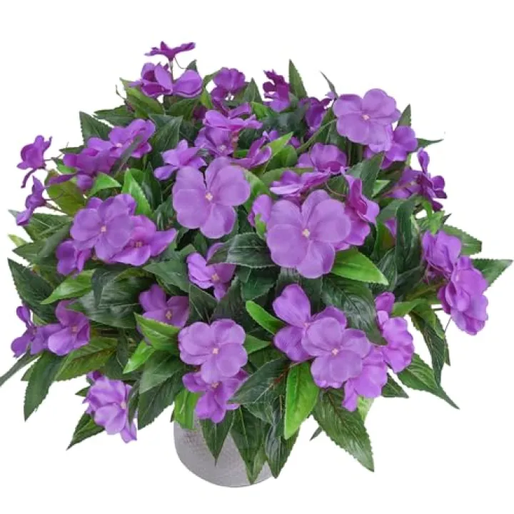 MHMJON 4Pcs Artificial Impatiens Flowers for Outdoors Purple Faux Silk Flowers Outdoor Artificial Impatiens Bush Bouquet Fake Plants for Patio Lawn Garden Hanging Basket Porch Decor