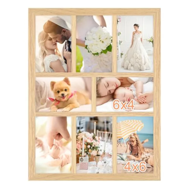 MOUDAMION 4x6 Oak Wood Picture Frames Collage Wall Decor Natural Woodgrain, Solid Oak Wooden Family Photo Collage Frame 8 Openings, Glass Front, Wall Hanging Display 8 4x6 Pictures