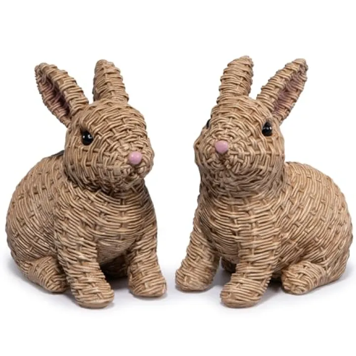 Hodao Set of 2 Woven Easter Bunny Figurines - 4.8" Tall White Rabbit Resin Sculptures with Handcrafted Wicker-Style Design for Easter and Spring Home Décor (Brown Set 2)