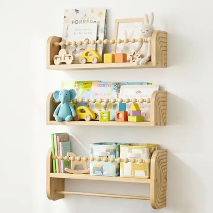 SAG's store Floating Nursery Shelves - Set of 3 Natural Wood Wall-Mounted Bookshelves for Kids Room, Baby Room, Nursery Decor - 15.7" Wide, Solid Wood Shelves for Books, Toys, and Decor Storage