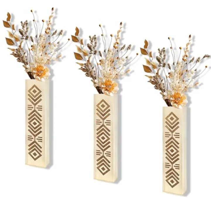 Wood Wall Planter 3 Pack Boho Wall Decor for Artificial Flower Plants Wooden Plants Holders Wall Plant Pocket Vase Hanging for Living Room Bedroom Dining Room Bathroom Indoor Decroation (Style b)