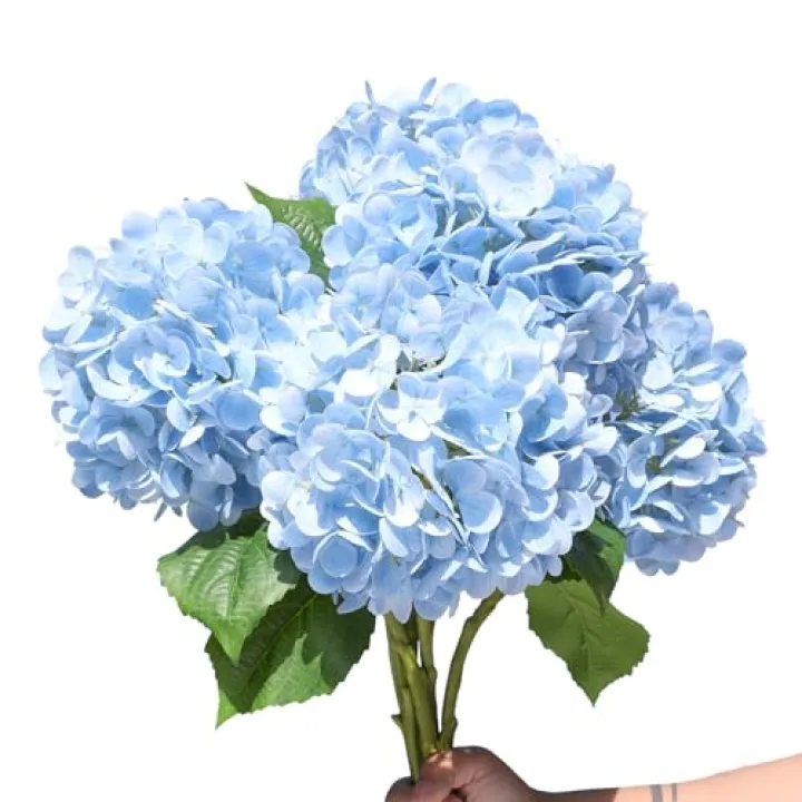 dallisten 5PCS 20'' Blue Artificial Hydrangea Flowers Latex Faux Hydrangeas Real Touch Silk Hydrangea with Stems for Home Decor Weddings Table Floral Arrangements Centerpieces Party Decorations