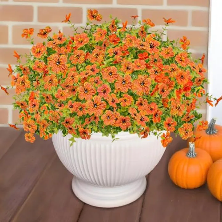 Agusbagli 72 Bundles Artificial Fall Flowers Outdoor UV Resistant Fake Autumn Boxwood Plants No Fade Faux Fall Flowers Arrangements for Outdoor Home Porch Garden Thanksgiving Fall Decor, Orange