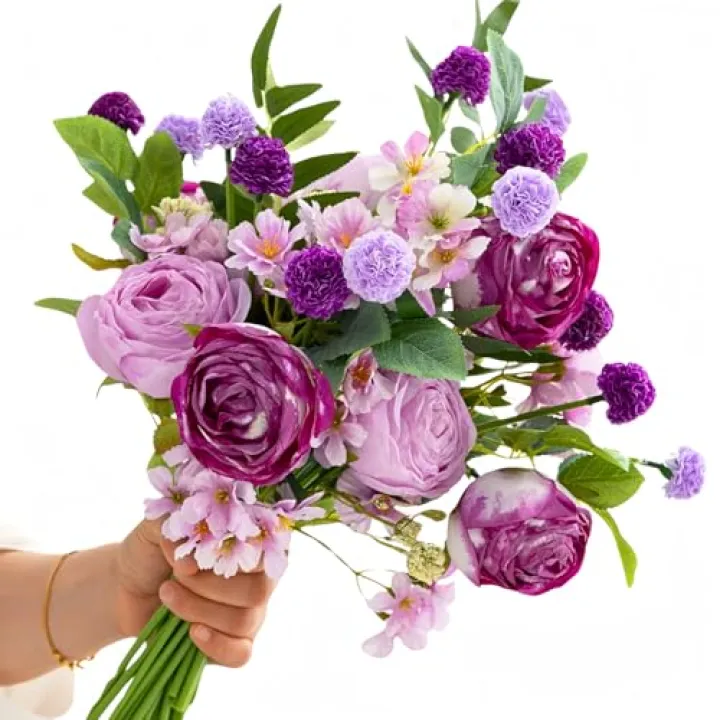 ASTRYAS Purple Fake Roses Artificial Flowers, 3Pcs Fake Artificial Roses Silk Flowers Bouquets Faux Rose Flores Arrangement for Home Wedding Hotel Office Centerpiece Decor (Purple)