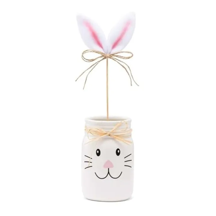 Napco Imports Decorative Spring Tabletop Flower Vase 2.5 x 5 Inch Glass Easter Bunny Jar with Fuzzy Ear Pick