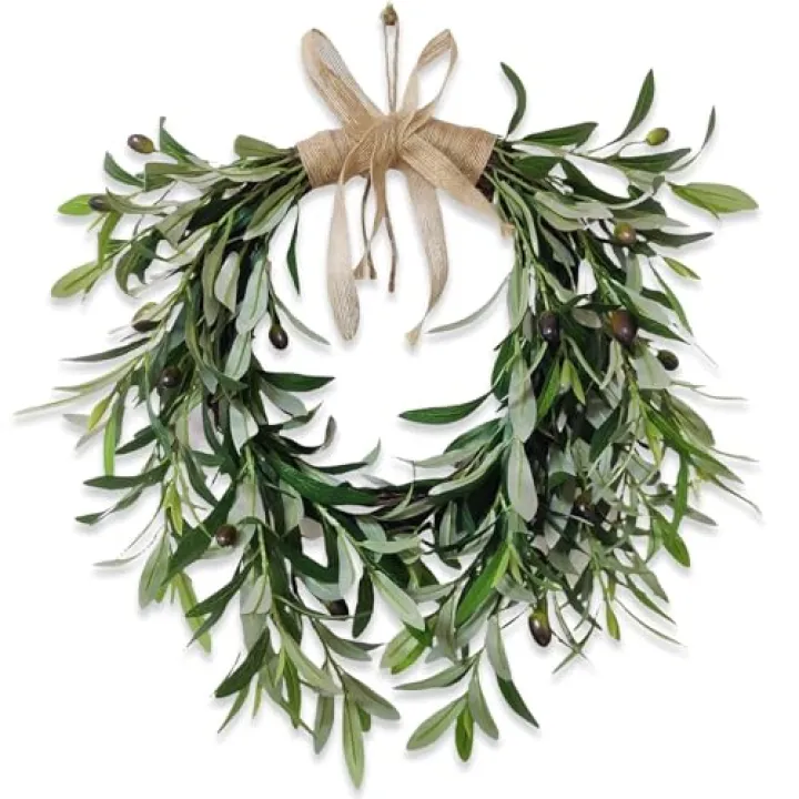 22" Heart Shaped Artificial Olive Leaf & Fruit Wreath - Realistic Green Olive Branches with Spring Floral Accents, Farmhouse Wall Door Wedding Arch Window Hanging for Indoor Outdoor Garden Decor (1)