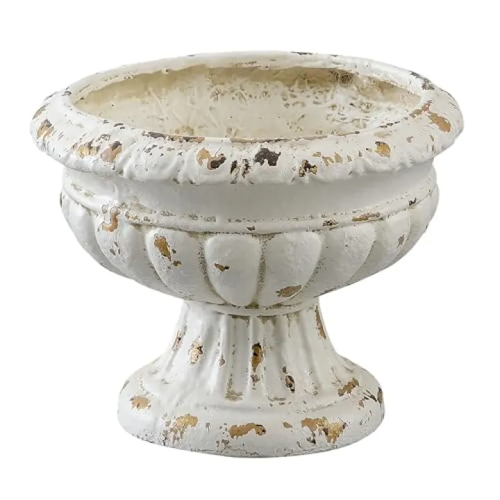 SOFE Vintage Large Pedestal Vase, 11 Inches Tall Front Porch Garden Planters, Resin Compote Vase, Distressed White Flower Pot, French Country Home Decor