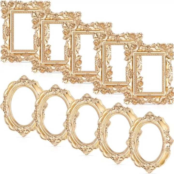 Leinuosen 10 Pcs Mini Gold Frames Vintage Resin Picture Small Antique Gold Tiny Oval Rectangle Baroque DIY Wall Hanging Frames for Home Decor Photo Props, Without Backing
