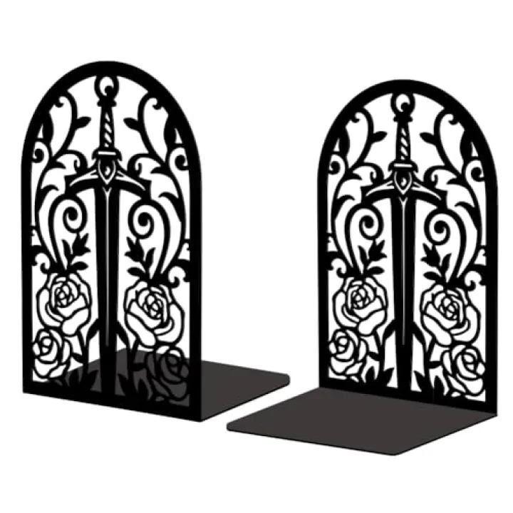 Peacoblue Metal Bookends for Shelves, Modern Decorative Heavy Duty Study Book Support Stoppers for Office, Desk, Shelf, Room 5.3"x4.3"x7.9" Cast Iron Tall Bookends, 1 Pair (Sword with Vine and Rose)