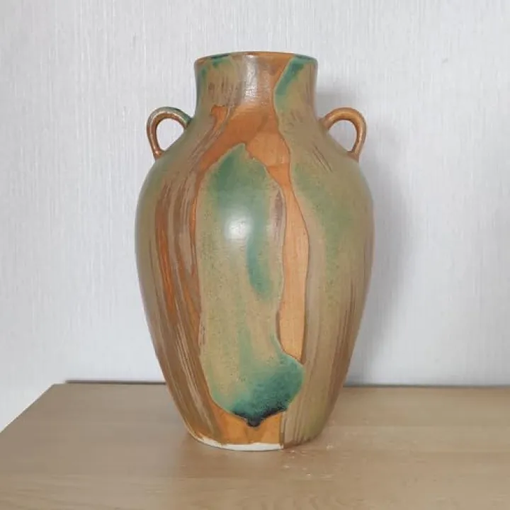 Terracotta Pottery - 10" Unique Decorative Farmhouse Vase with Handle, Green Glazed Earth Yellow Boho Neutral vase Home Decor, Vintage Ceramic Flower vases for Living Room, Kitchen Decor