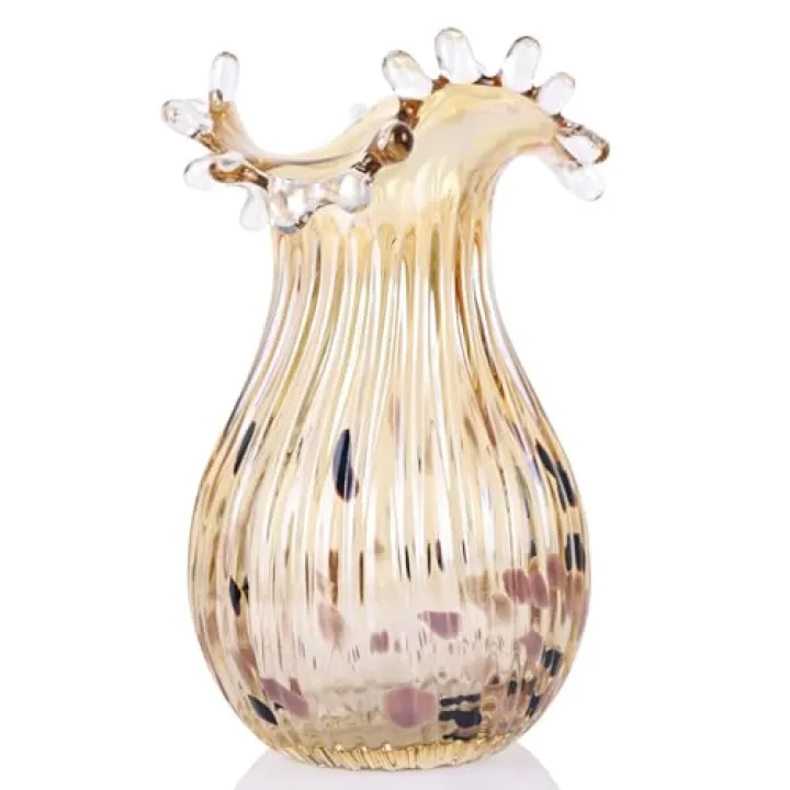 DOVDOV Hand Blown Amber Glass Art Deco Vase, Unique Wide Mouth Table Centerpiece, Perfect for Home Decor, Wedding, Engagement, or Housewarming