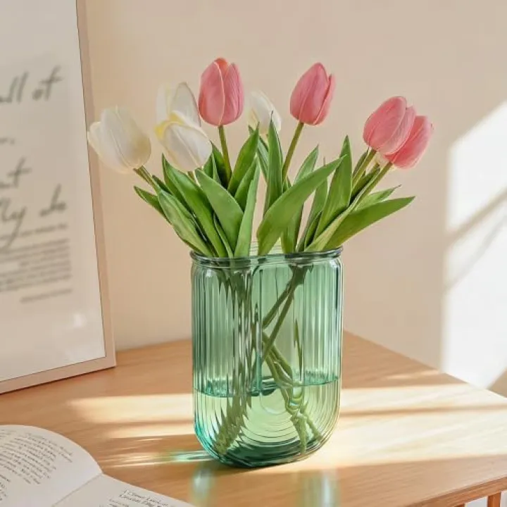 GarDream Ribbed Glass Vase Green U Shaped Flower Vase for Bouquet, 7.28 Inch Vintage Clear Vases for Flowers, Dining Table, Centerpieces, Entryway, Decorative Vases for Living Room, Bedroom, Office