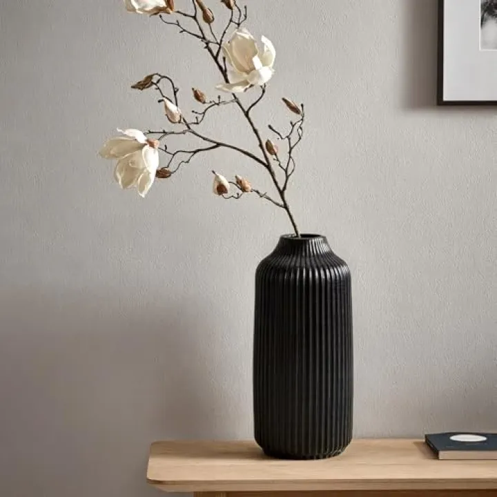 GarDream 8.8 Inch Minimalist Black Ceramic Vase with Ribbed Texture, Modern Black Flower Vase for Dried Flowers, Pampas Grass, Decorative Vases for Home Decor Accent, Living Room, Shelf, Table, Mantel