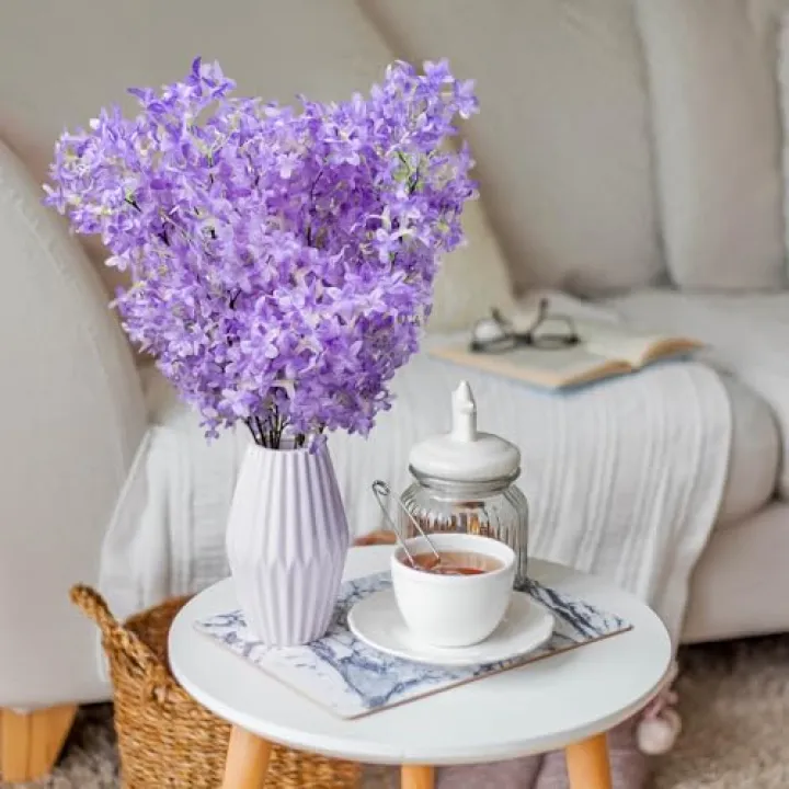 4PCS 38inch Lilac Artificial Flowers Purple Fake Delphinium Long Stem Silk Real Touch Flower Faux Lilac Floral Arrangement for Tall Vase Table Centerpieces Wedding Garden Home Decoration(Purple)