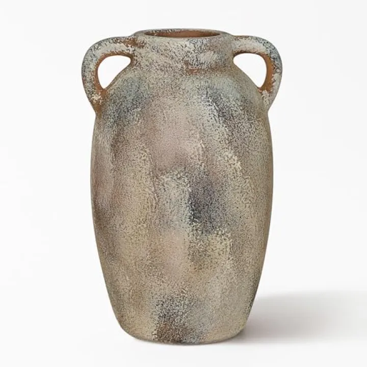MANASENLUSH Rustic Ceramic Vase for Home Decor - Large Whitewashed Pottery Flower Vase, Decorative Tall Farmhouse Jug with Handles for Living Room Table Centerpiece, Shelf, Mantel,Entryway