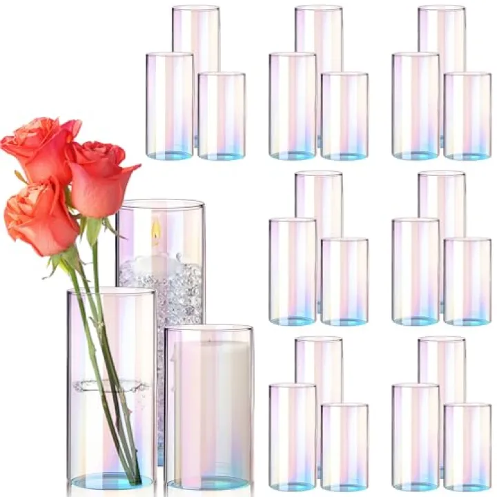 Didaey 24 Pcs Glass Cylinder Vases Clear Flowers Vase Decorative Floating Candles Holders Table Centerpieces for Wedding Party Event Home Office Decor(Dazzling Color,2.8'' X 4.7'', 5.9'', 7.9'')