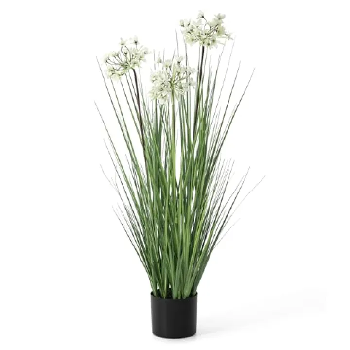 Glitzhome 39 inch Tall Artificial Onion Grass Plant, Decorative Faux Grass Plant with 3 White Flowers in Pot, Fake Plant&Flower Home Office Garden Wedding Decor