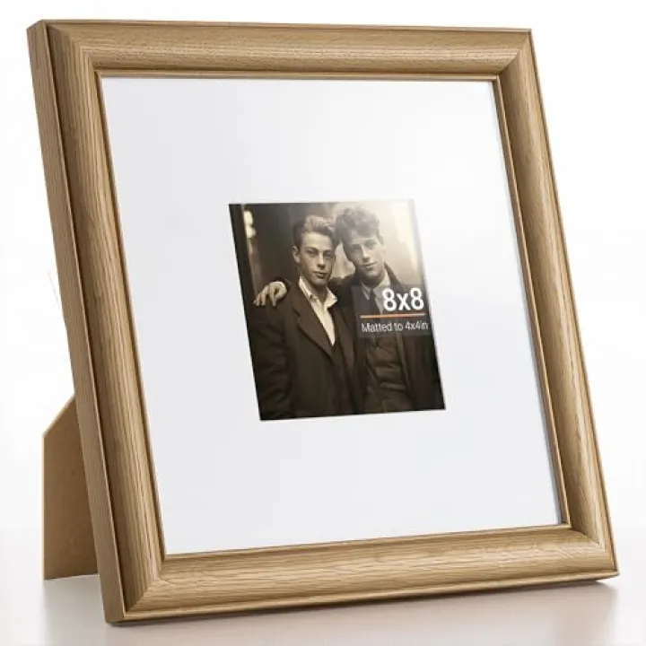 Heimlove 8x8 Picture Frame,8 x 8 Solid White Oak Square Photo Frame with Tempered Glass,8"x8" Handcrafted Wood Frame Matted to 4x4 Photos for Wall or Tabletop Art Photo and Prints,1 Pack